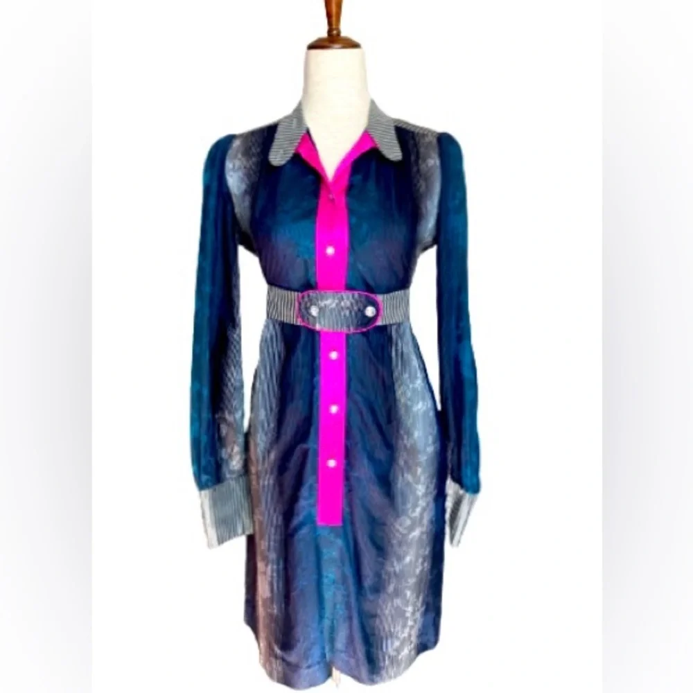 SOLD Matthew Williamson Silk & Wool Blend Blue/Silver Button Down Shirt Dress, - Picture 1 of 8